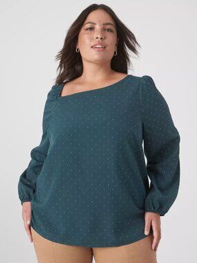 Lane Bryant Green Classic Long-Sleeve Asymmetrical-Neckline Top - Size 24